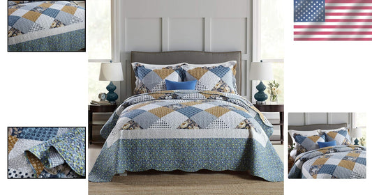 Elegant King Quilt Set - Reversible Floral Patchwork for Stylish Farmhouse Decor