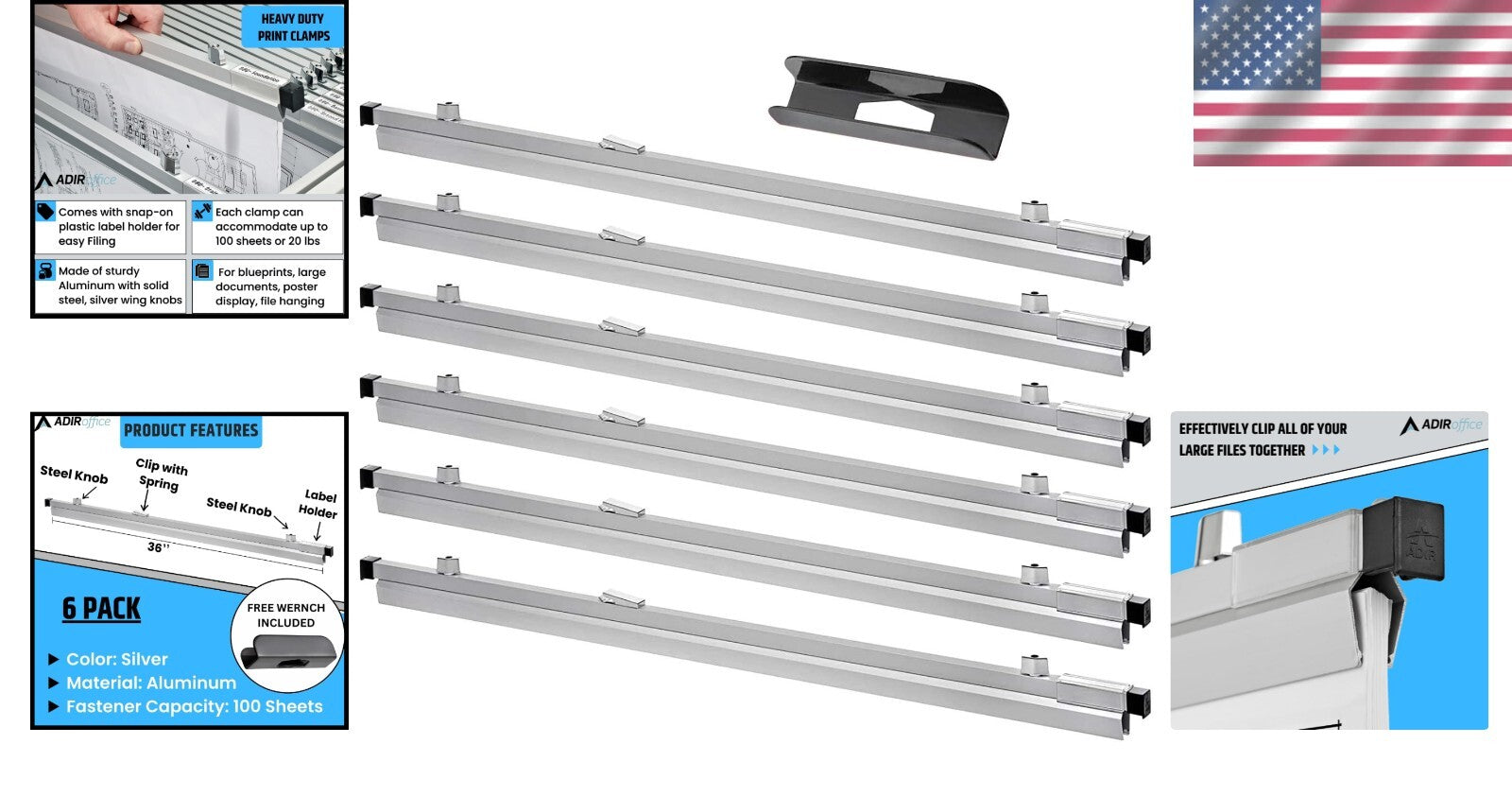 Pack of 6 Sturdy 36" Blueprint Clips - Ideal for Document Organization & Display