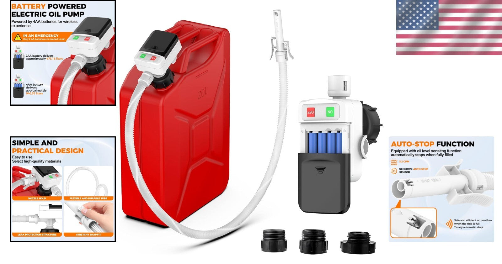 Battery-Powered Automatic Fuel Transfer Pump with Overflow Protection & Adapters