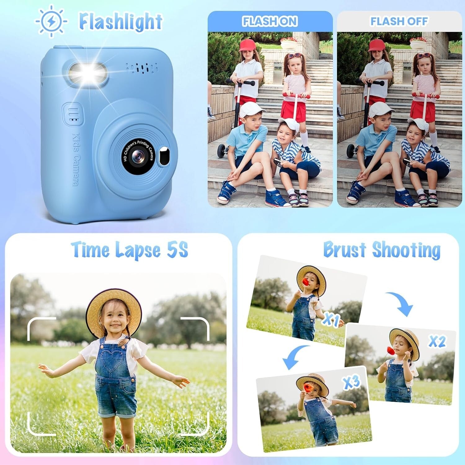Exciting Instant Print Kids Camera with Built-in Flash & Color Pencils - Blue