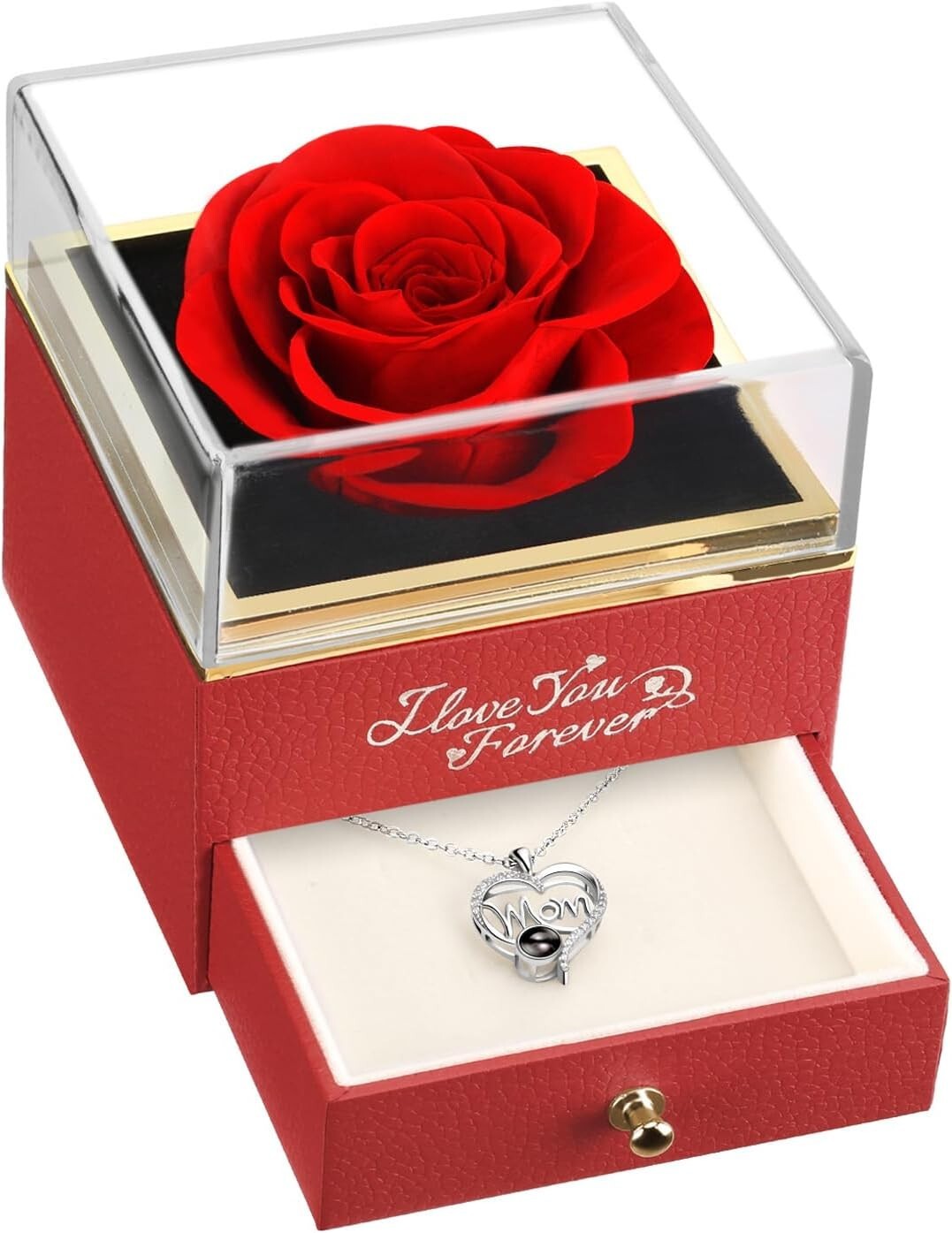 Luxurious Preserved Red Rose & 'I Love You' Necklace - Forever Love Gift for Mom