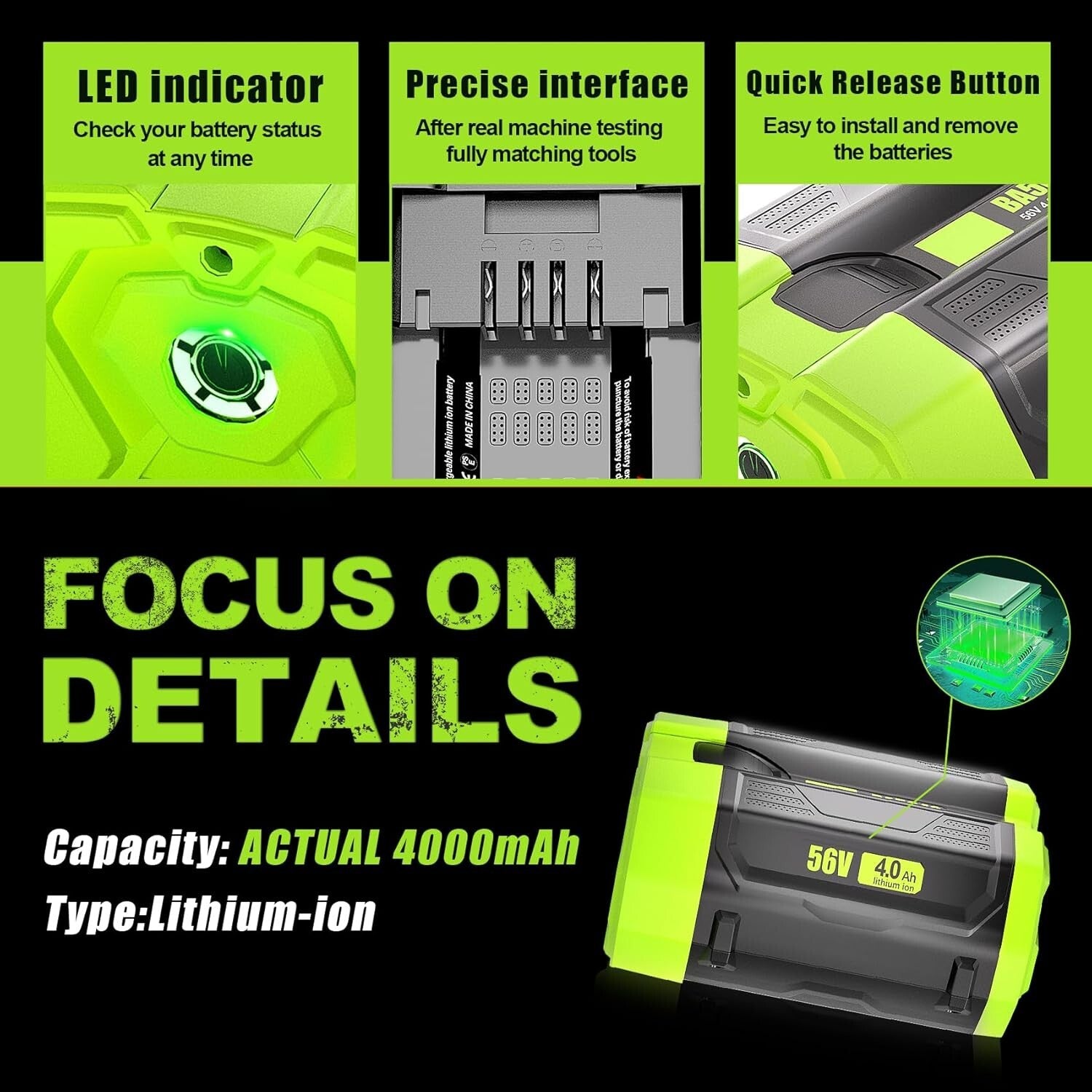 Durable 56V 4.0Ah EGO Replacement Battery with Power Indicator & Storage Holder