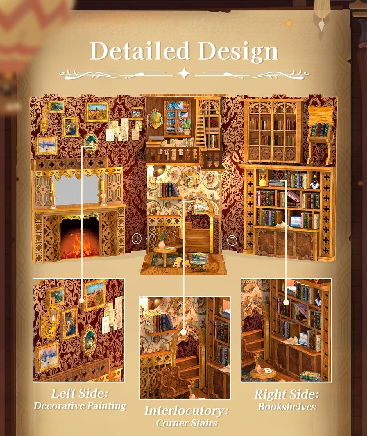 DIY Book Nook Kit with LED Lights - Wooden 3D Puzzle Bookends for Home Decor