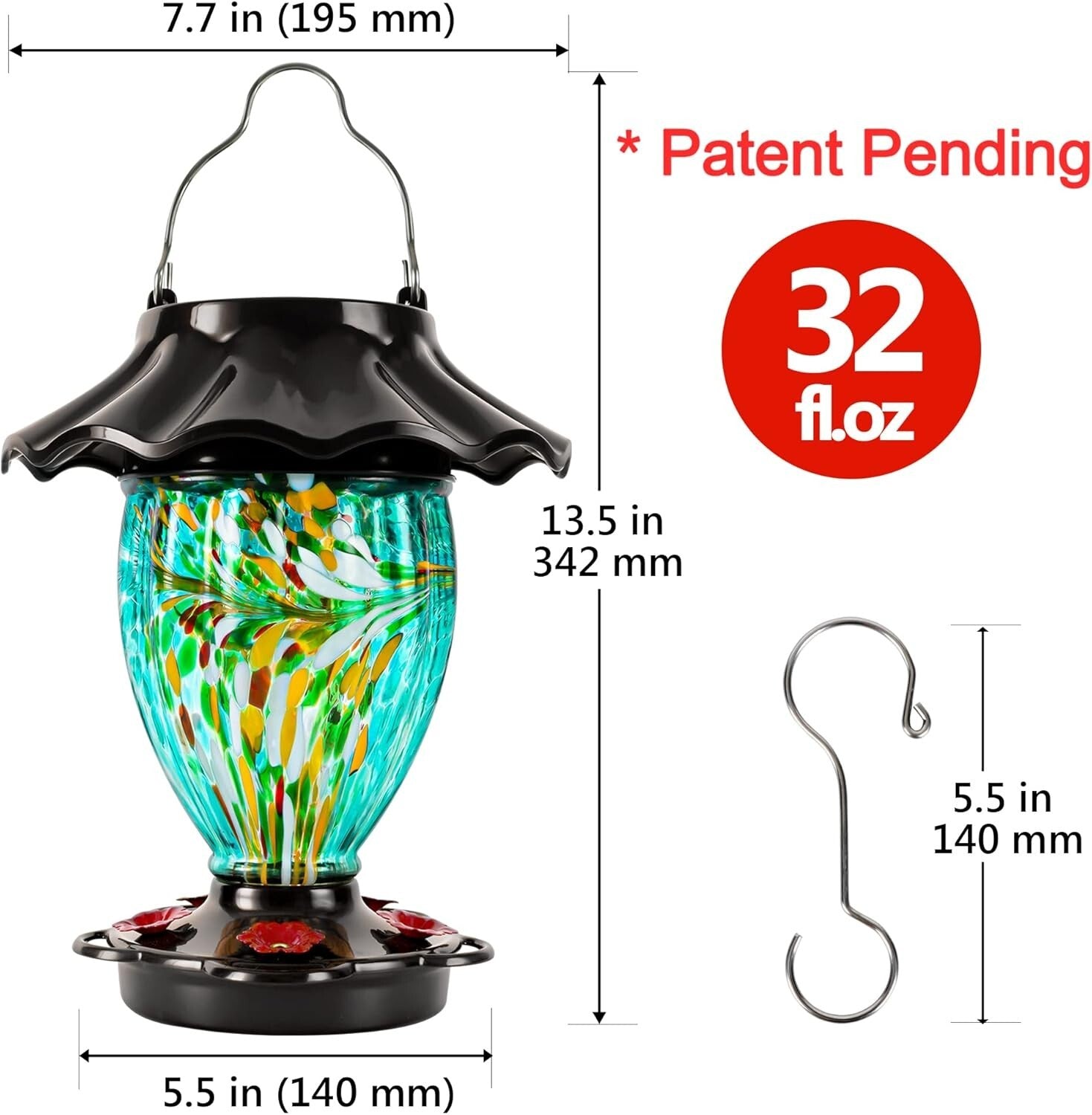 Elegant Solar Color Changing Hummingbird Feeder - 32 fl. oz Hand Blown Glass