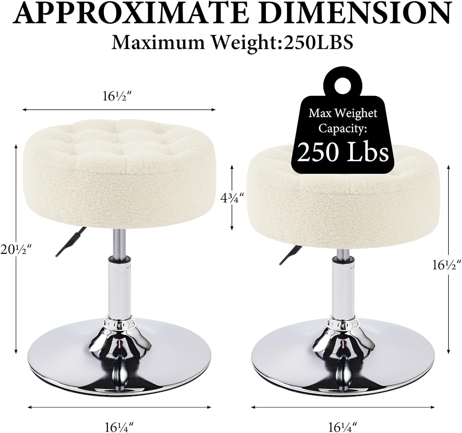 Elegant Round Makeup Vanity Stool - Adjustable Ivory White Faux Fur Ottoman