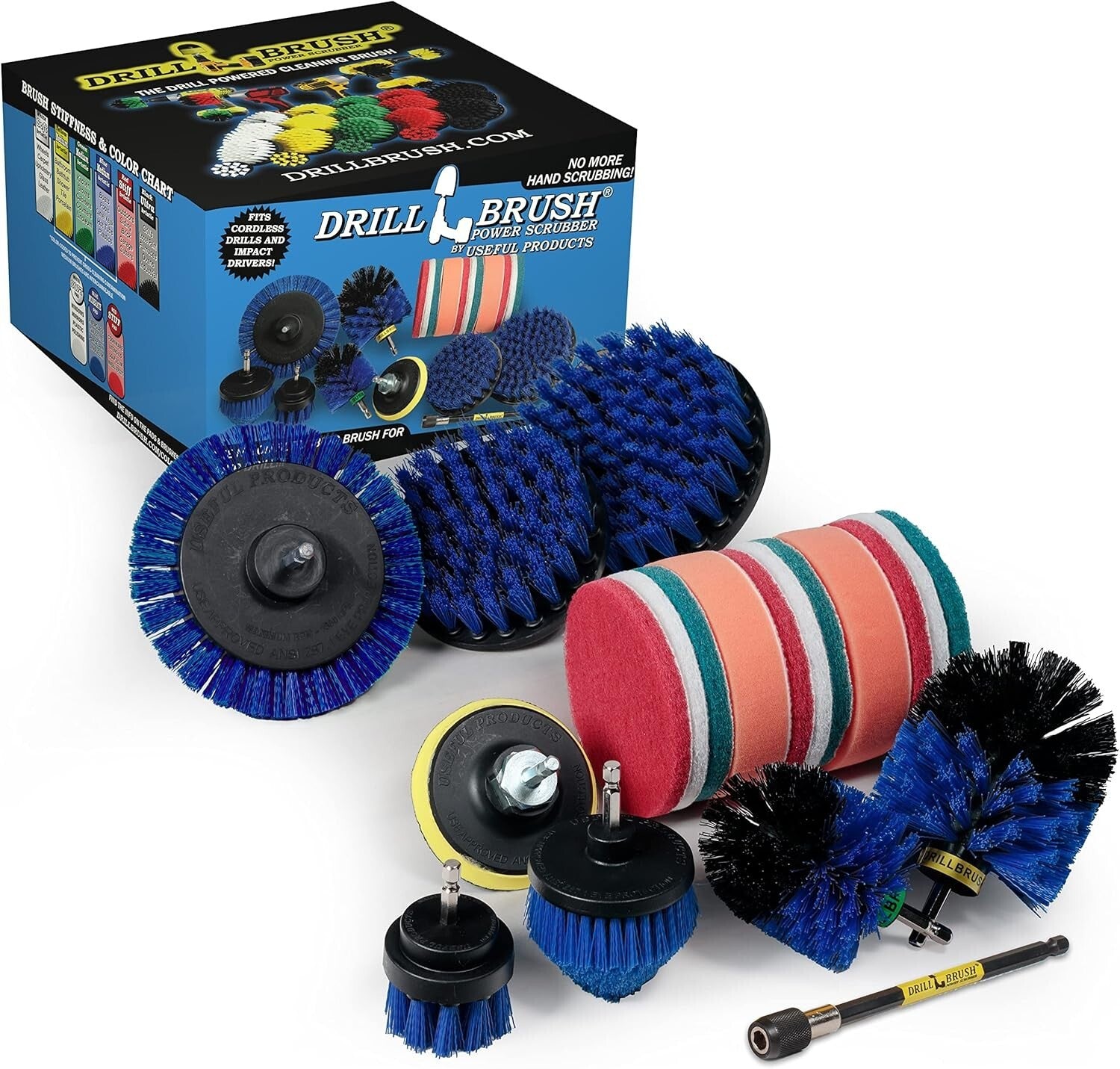 Professional 21-Piece Drill Brush Set with Blue Bristles for Pool and Boat Care