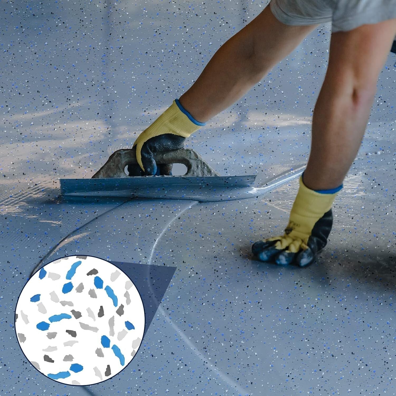 Durable Epoxy Garage Floor Paint with Black, White, Blue & Gray Decorative Chips