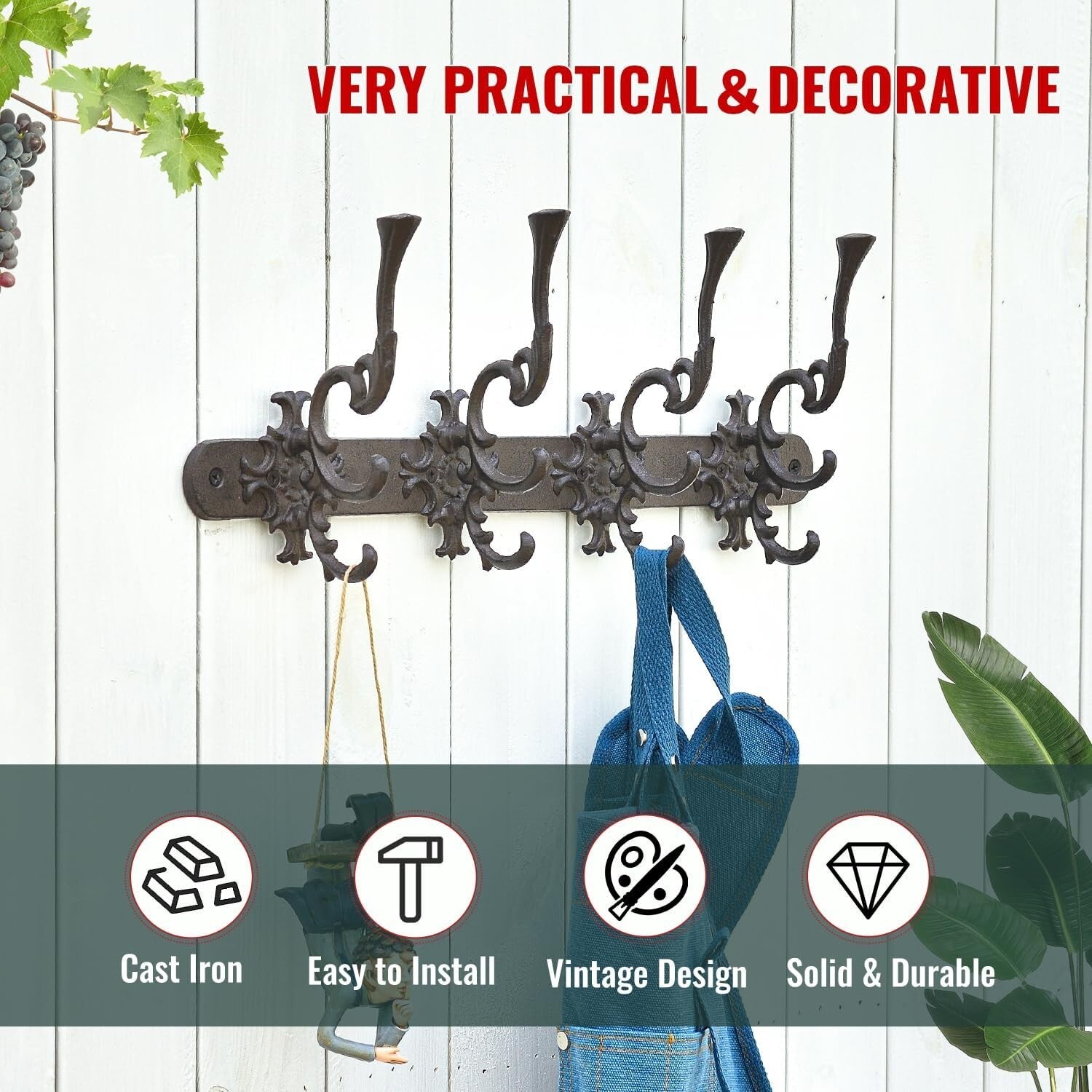 Antique Finish Cast Iron Wall Rack with 12 Hooks - Perfect for Home Organization