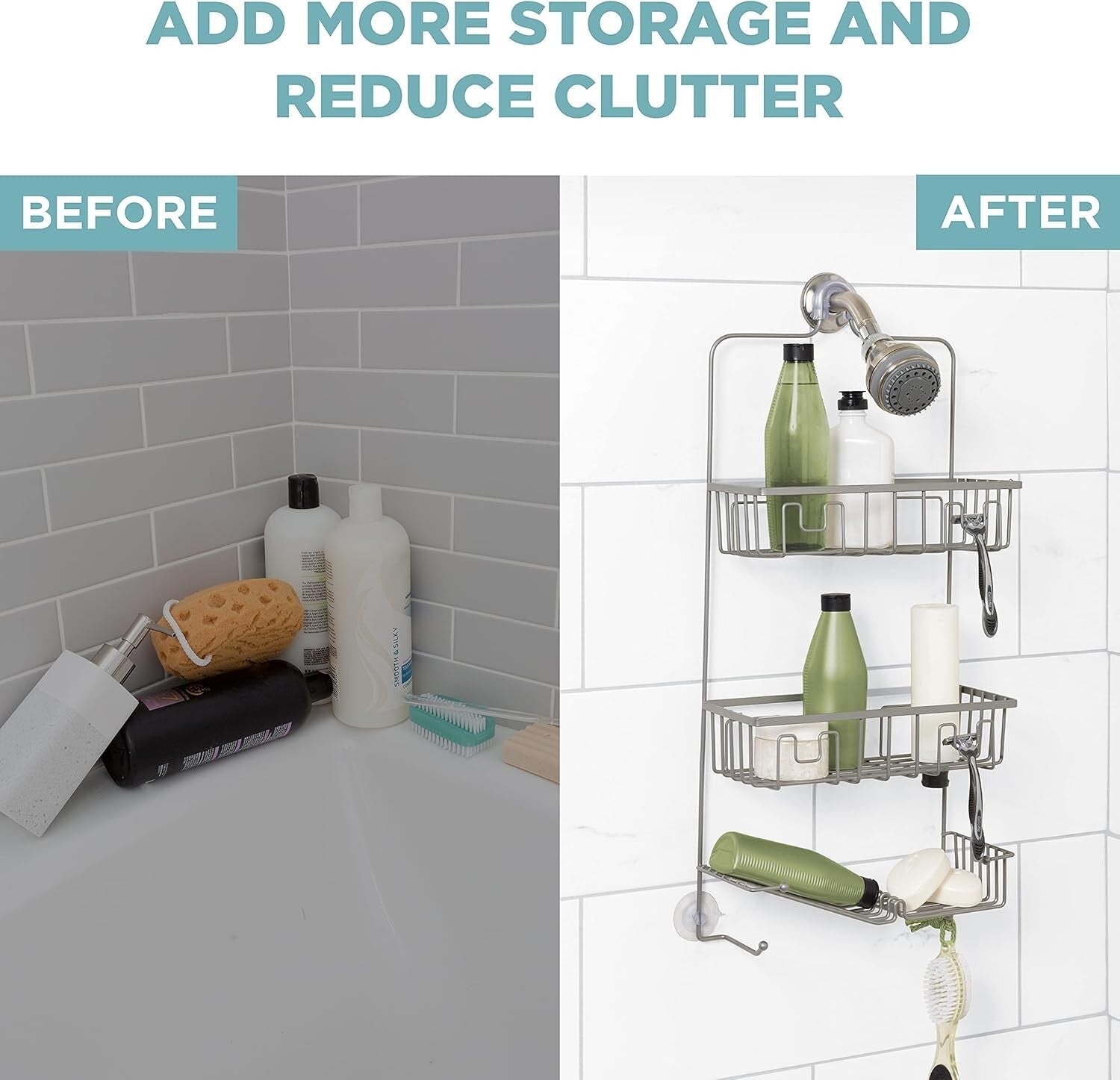 Easy-to-Install Satin Nickel Shower Caddy with 3 Compartments & Hooks