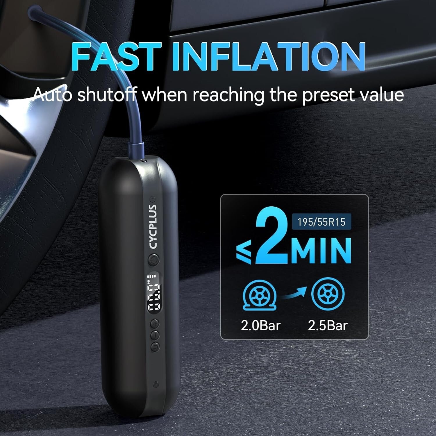 Efficient Tire Inflator with Presta & Schrader Valves - Rechargeable & Cordless