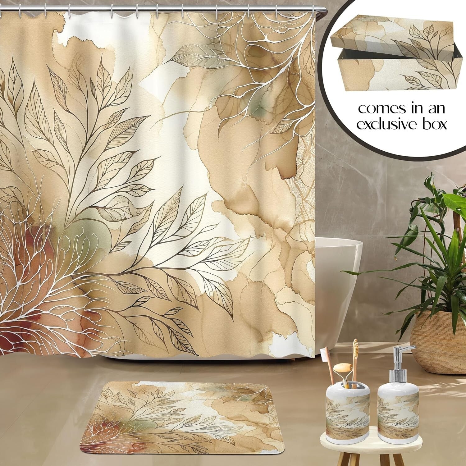 Elegant 4-Piece Bathroom Decor Set with Shower Curtain, Bath Mat, Soap Dispenser