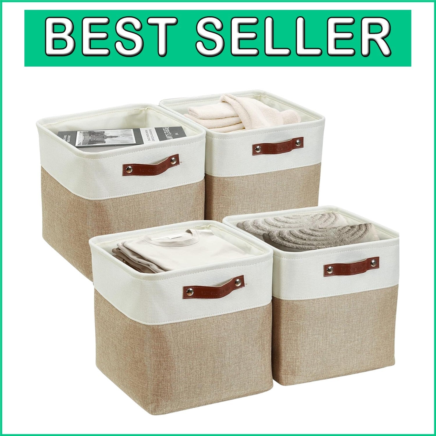 Durable 13 Inch Cube Storage Bins - Beige & White - Perfect for Organizing
