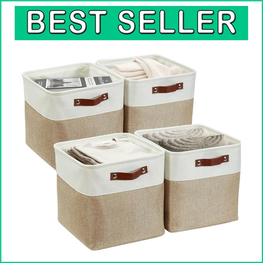 Durable 13 Inch Cube Storage Bins - Beige & White - Perfect for Organizing