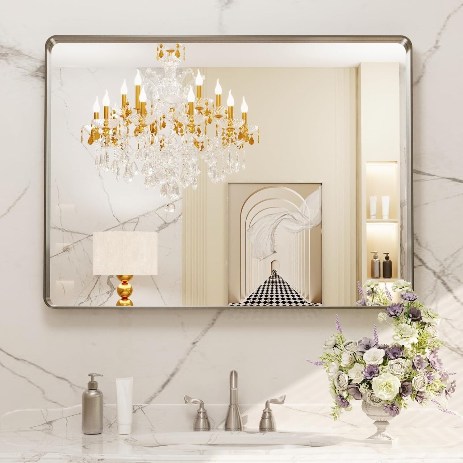 Modern 40"x30" Brushed Nickel Bathroom Mirror - Easy Install & Secure Mounting