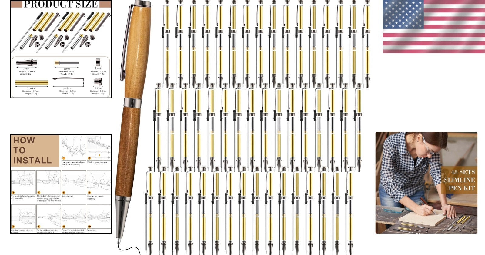 Durable 48 Pcs Slimline Pen Turning Kits - Includes Black Refills for Crafting