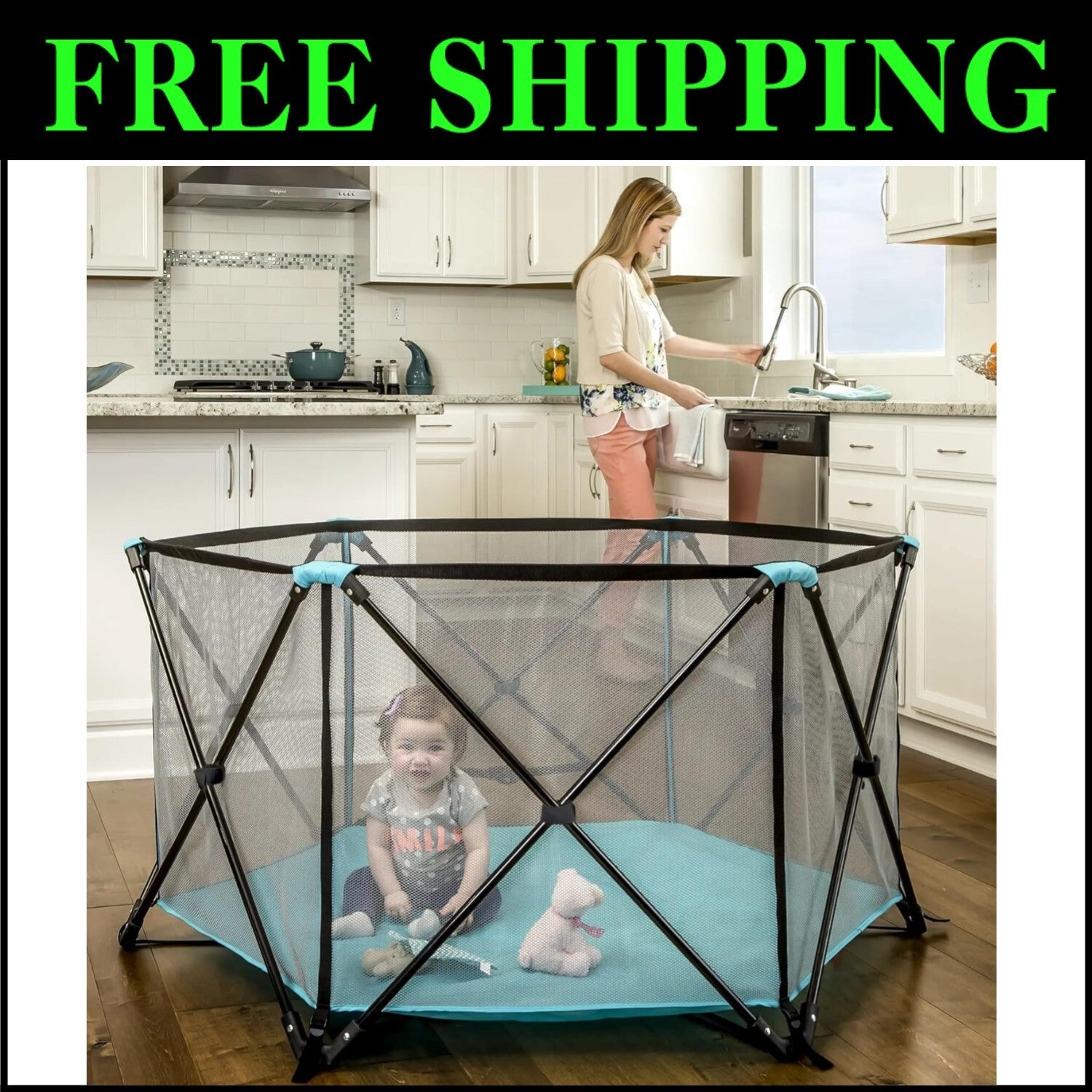 Portable 6-Panel Play Yard for Infants - Aqua Indoor/Outdoor Safety Solution