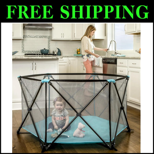 Portable 6-Panel Play Yard for Infants - Aqua Indoor/Outdoor Safety Solution