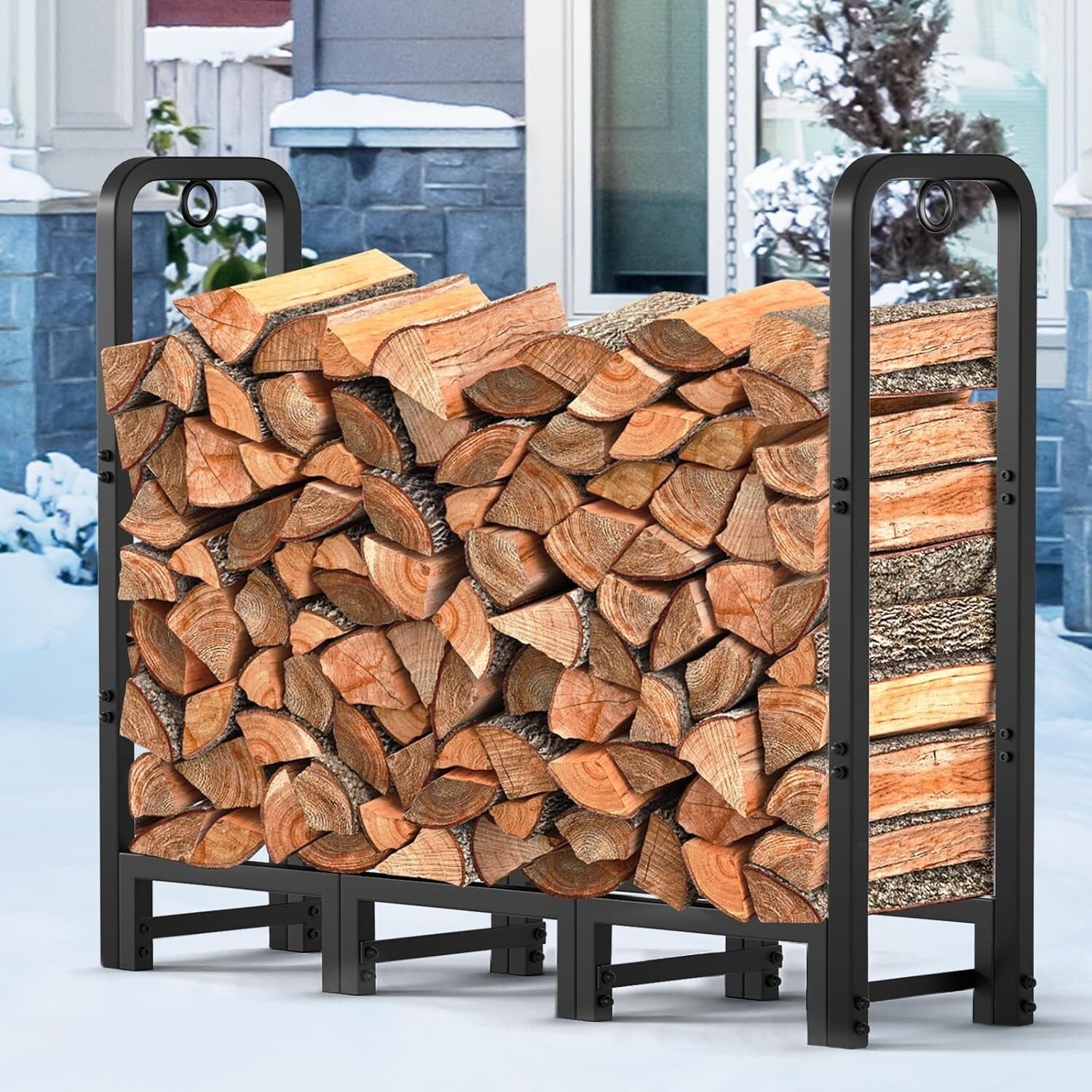 Black Alloy Steel Firewood Rack - 4ft Log Holder for Outdoor & Indoor Use