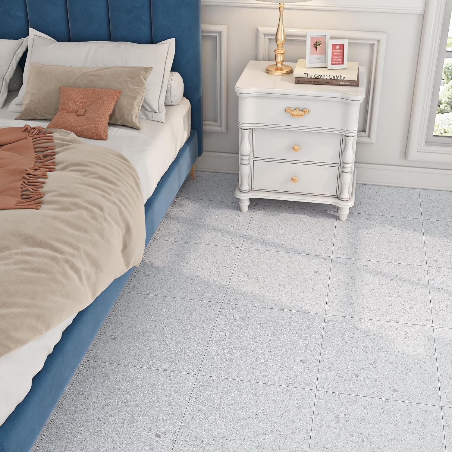 DIY-Friendly Waterproof White Granite Peel and Stick Floor Tiles 12x12 Size