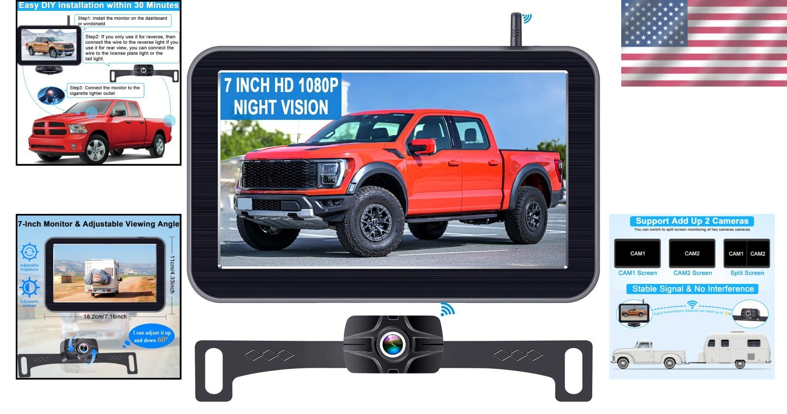 7-Inch HD 1080P Wireless Backup Camera - Night Vision & Waterproof for Trucks