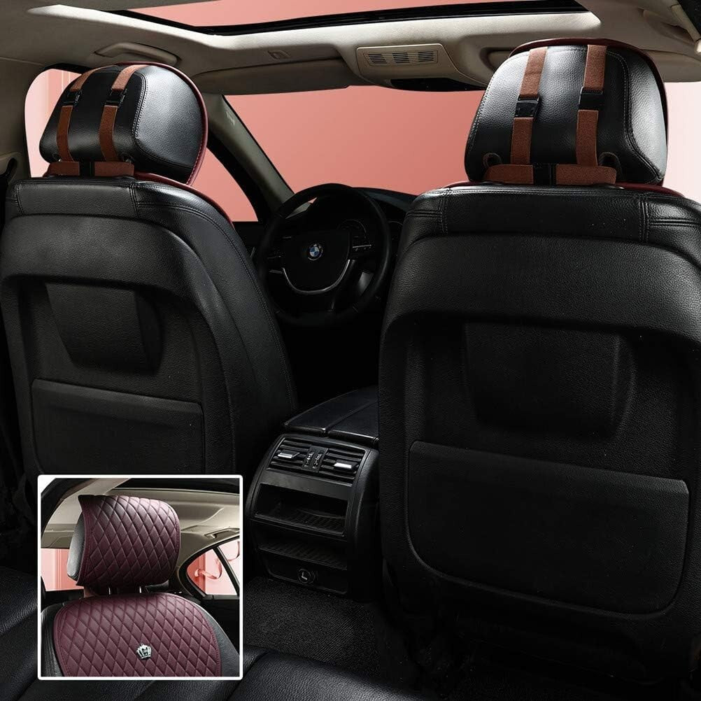 Luxury Leather 11PCS Car Seat Covers - Universal Fit Wine Red Crown Style