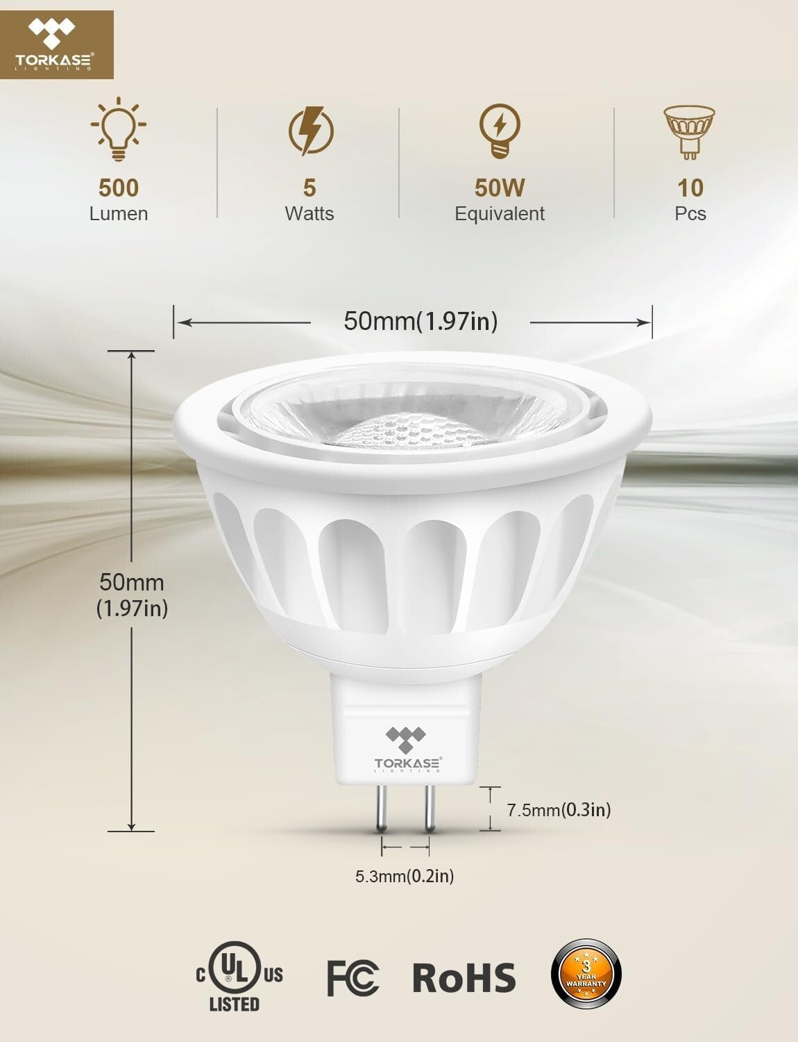 10-Pack Dimmable MR16 LED Bulbs, 5W Equivalent to 50W, GU5.3 Base, UL Listed