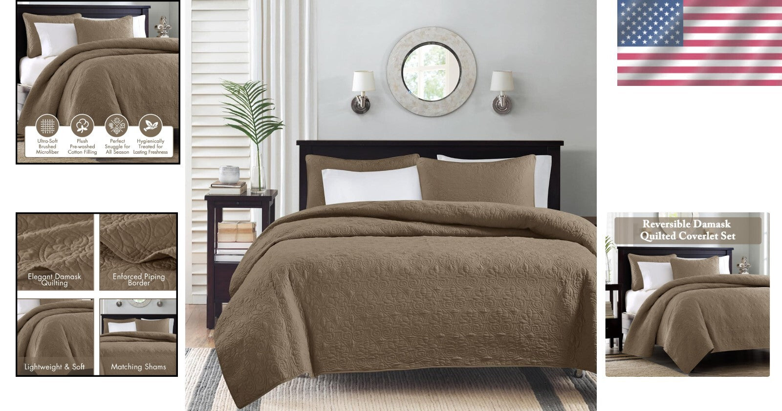 Luxurious Cotton-Filled Quebec Coverlet with Damask Shams - King/Cal King Size