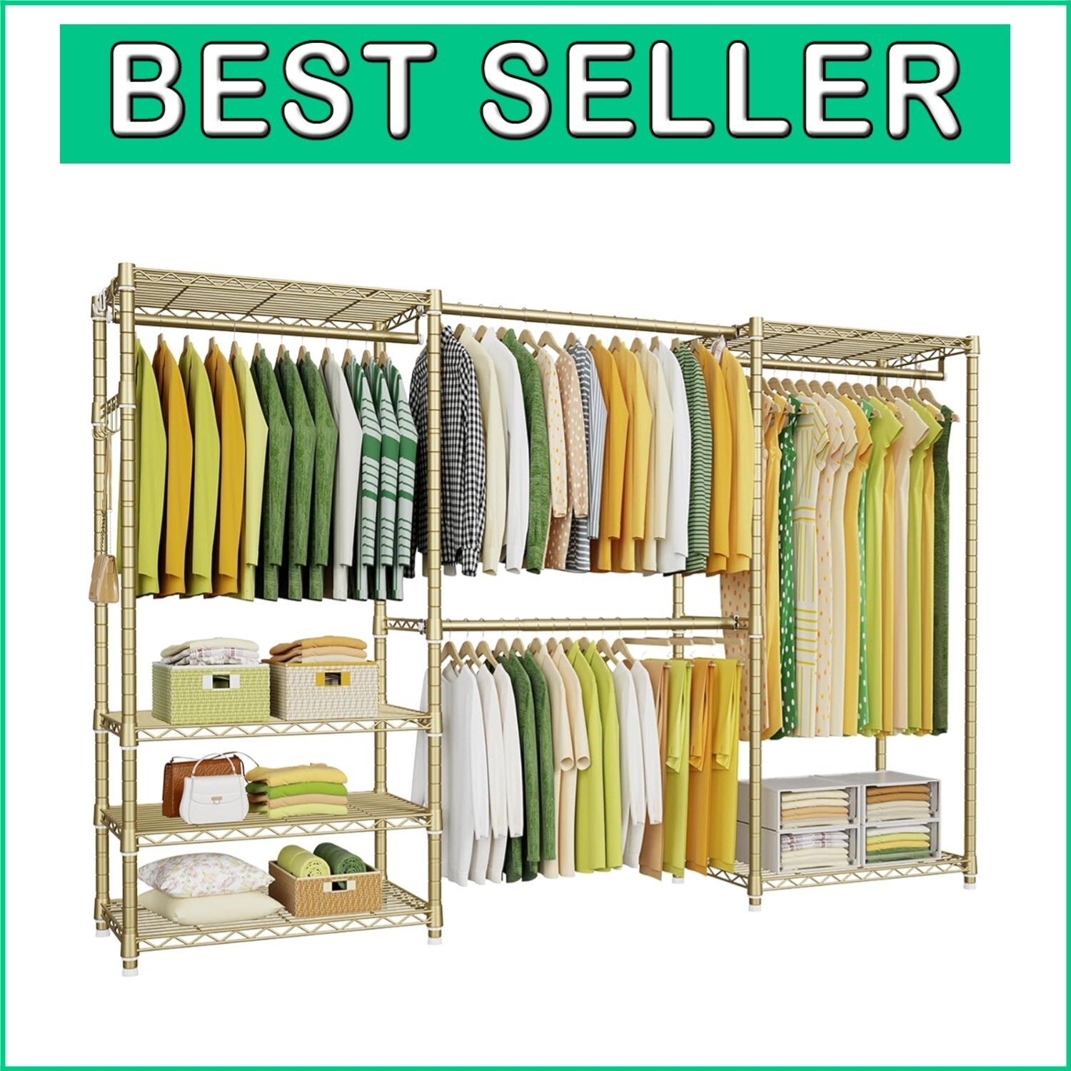 E1 Heavy Duty Adjustable 6-Tier Closet Garment Rack - Expandable Gold Organizer
