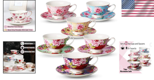BTaT 8oz Multicolor Floral Tea Cups - Perfect Gift for Tea Lovers & Mother's Day