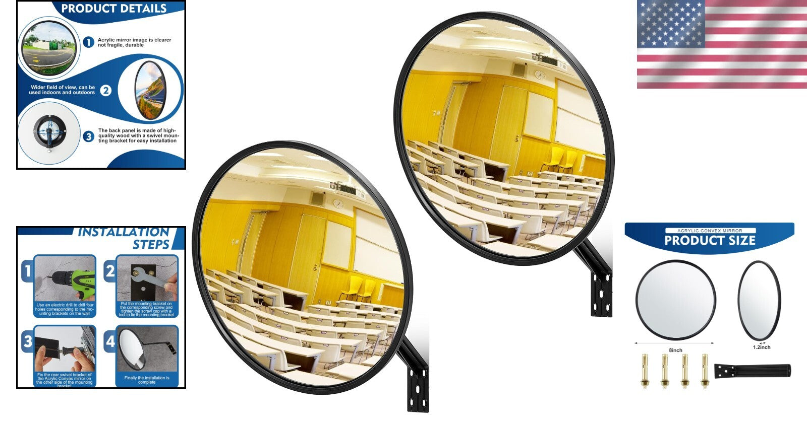 Durable 8'' Round Convex Mirrors with Fixing Bracket for Home & Business Safety