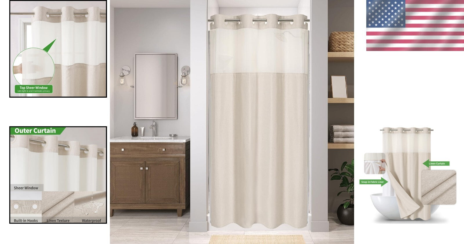 Luxury Linen Textured Waterproof Shower Curtain with Snap-in Liner Set, Cream