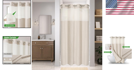 Luxury Linen Textured Waterproof Shower Curtain with Snap-in Liner Set, Cream