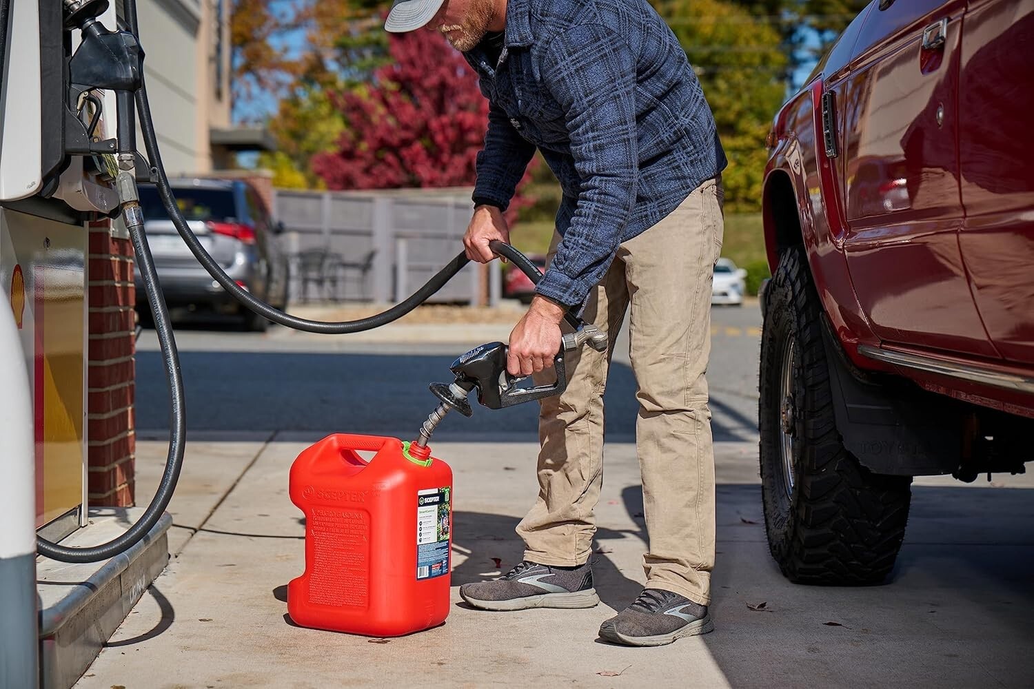 Durable 5-Gallon Red Gas Can with Flame Mitigation & Controlled Flow Spout