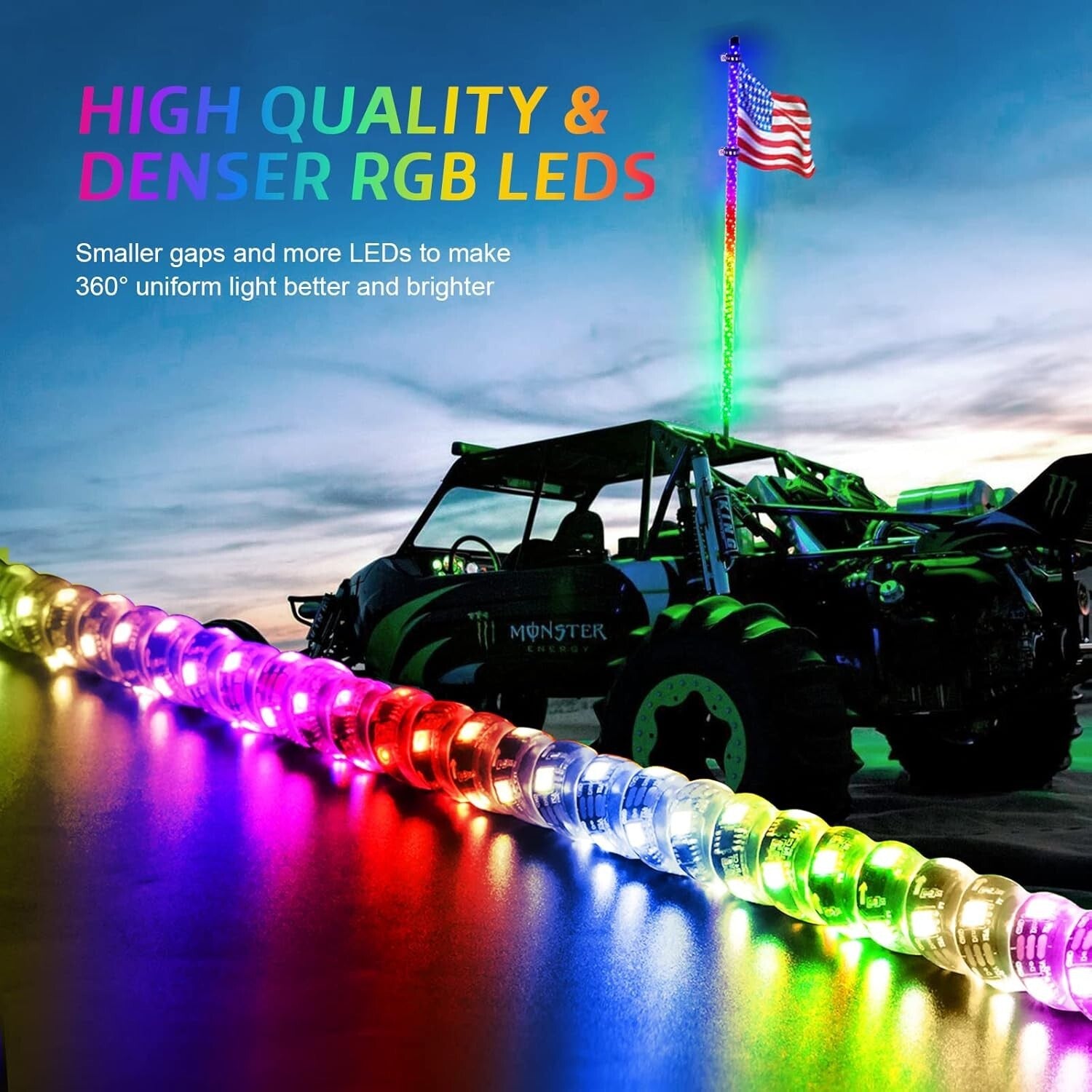 Customizable RGB 4FT Whip Lights with Remote Control for Off-Road Adventures
