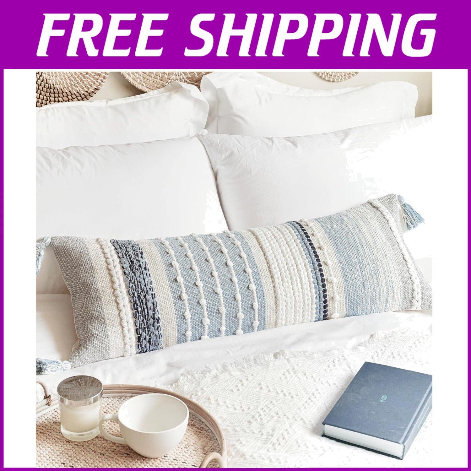 Artisan-Made 14x36 Coastal Blue Decorative Lumbar Pillow Cover for Modern Spaces