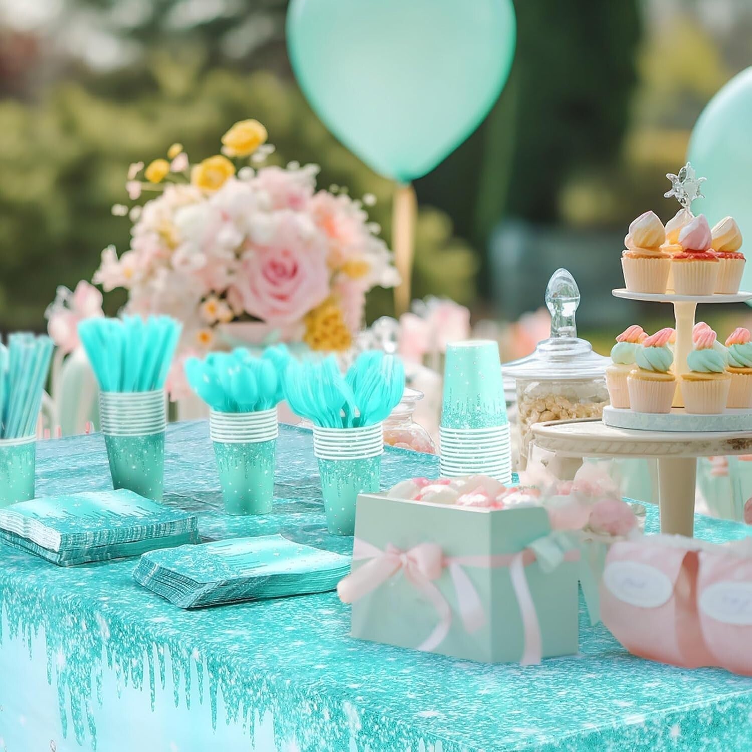 Elegant 452 Pcs Teal & Silver Birthday Party Set - Plates, Cups, Cutlery & More
