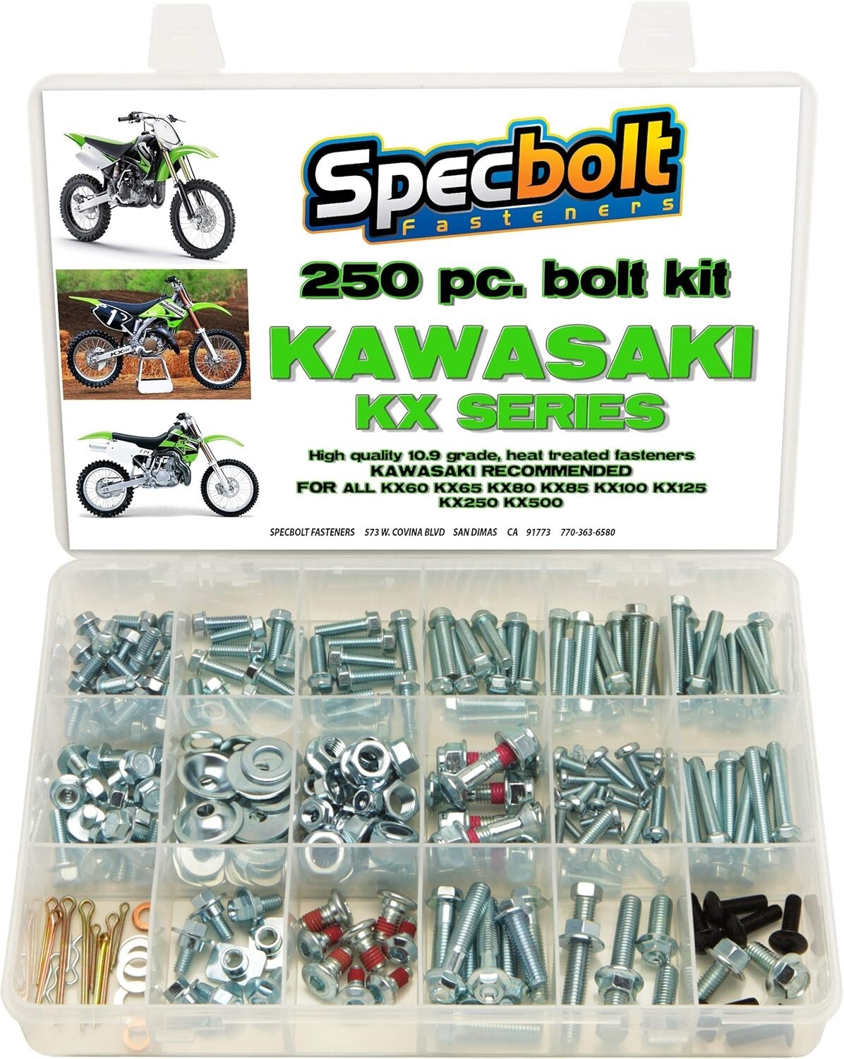 Kawasaki KX Two Stroke Maintenance Bolt Kit with 18 Compartment Organizer