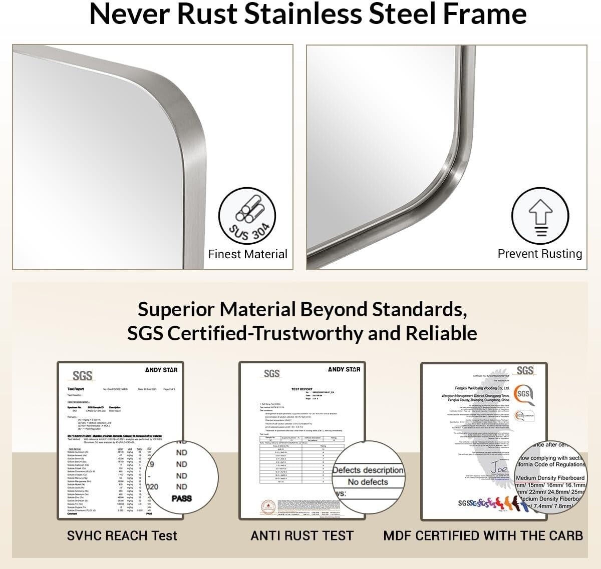 Modern 48"L x 18"W Full Length Mirror with Stainless Steel Frame - Easy Install