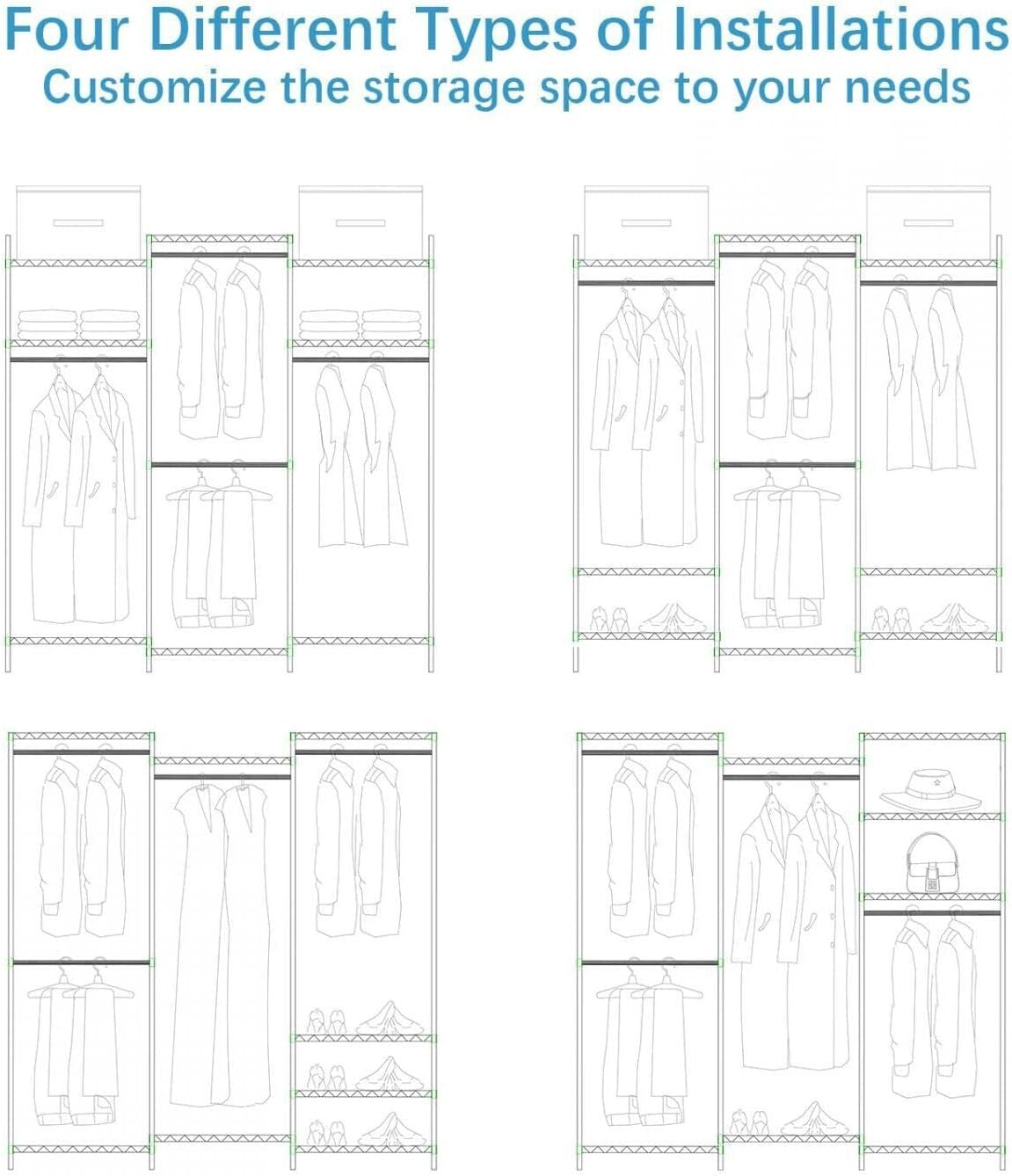 Freestanding White Closet Wardrobe Rack - Supports 890 lbs, 8 Shelves Included