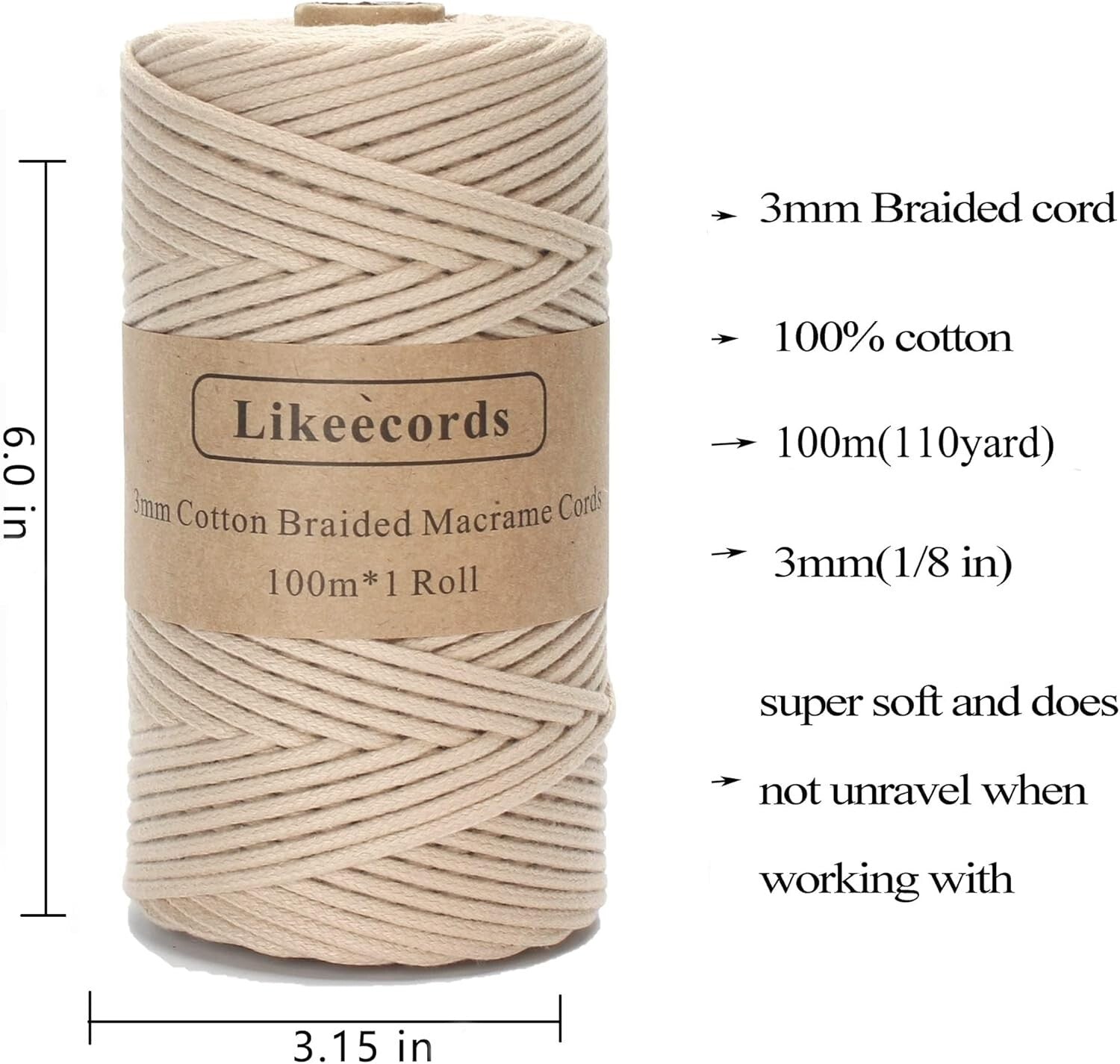 4 Skeins of Apricot 3mm Braided Cotton Macrame Cord for Creative Crafts