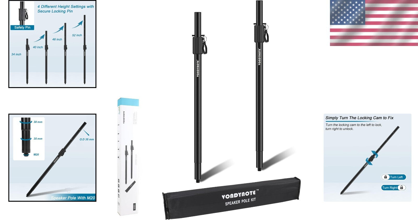 Sturdy 34-52 Inch Adjustable Speaker Poles with M20 & 35mm Compatibility