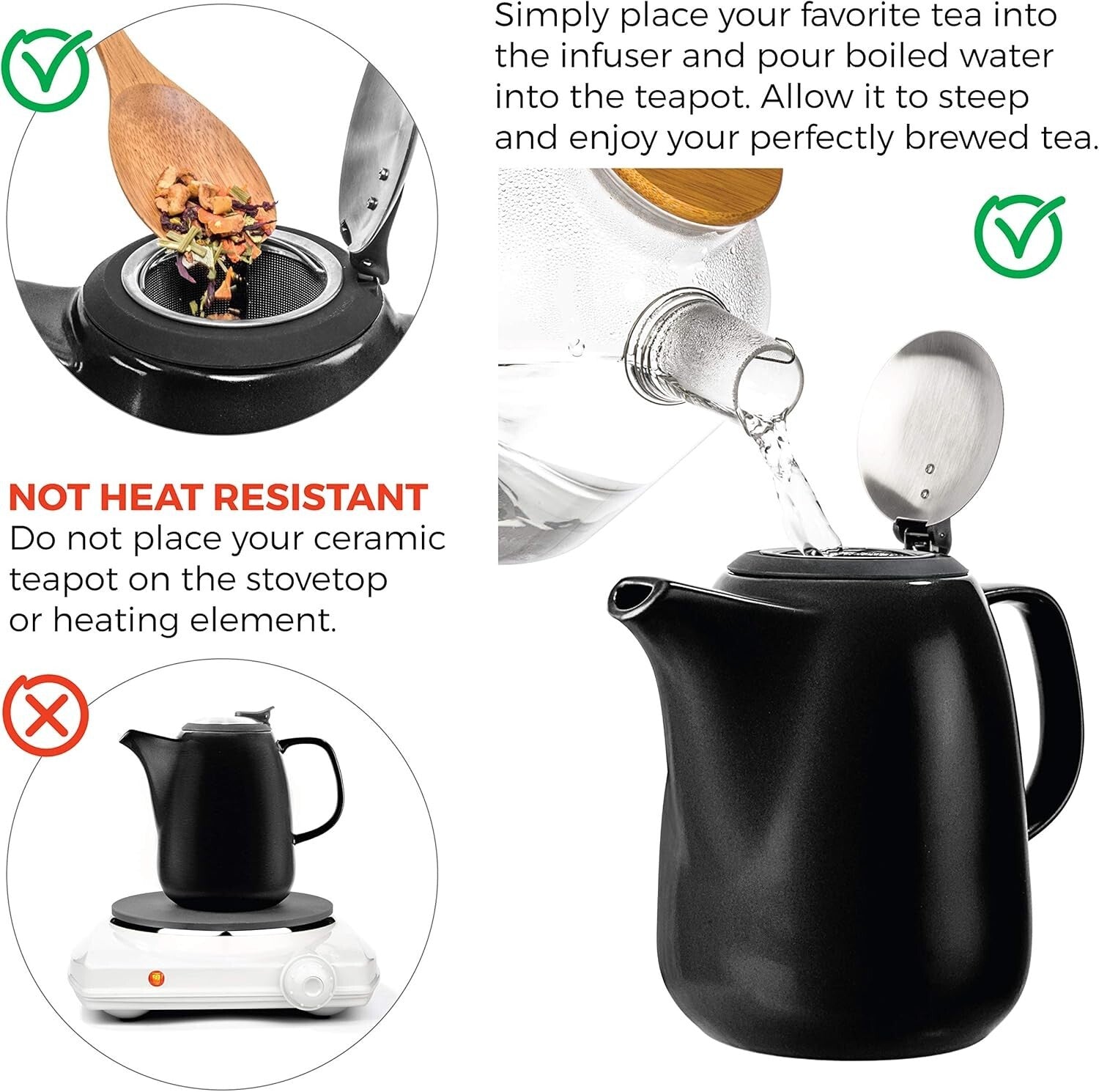 47oz Daze Ceramic Teapot with Infuser - Stylish Black Design for Tea Lovers