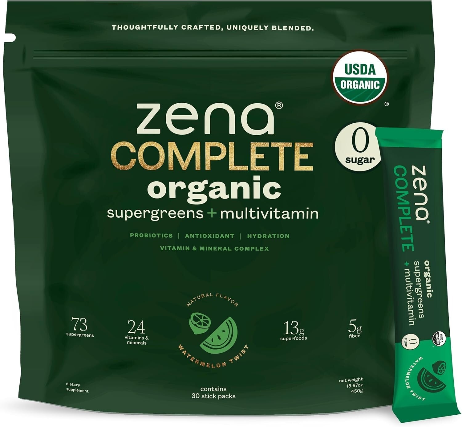 Zena Organic Super Greens Powder - 90+ Vitamins & Fiber, Watermelon Citrus Flav