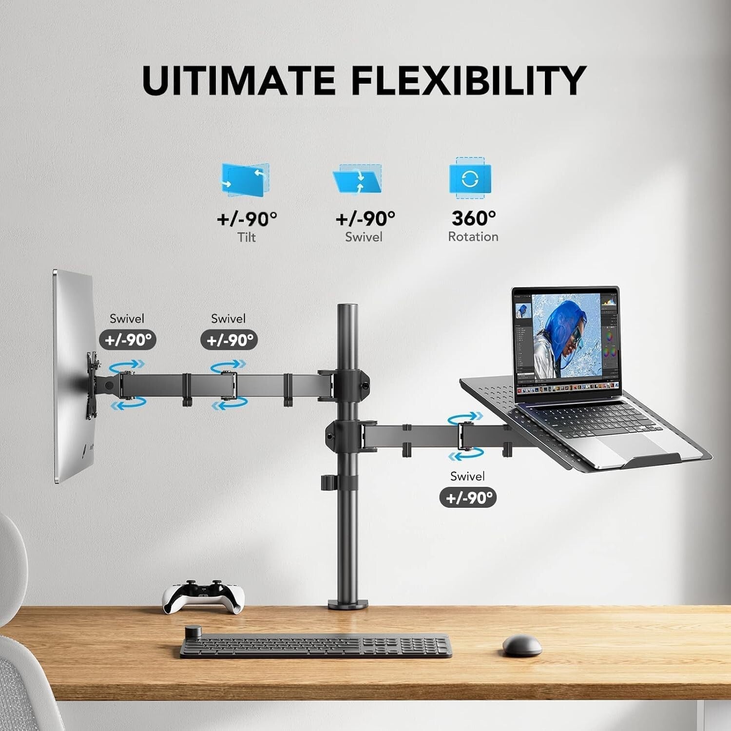 Flexible 2-in-1 Adjustable Monitor & Laptop Mount with Cable Management Included