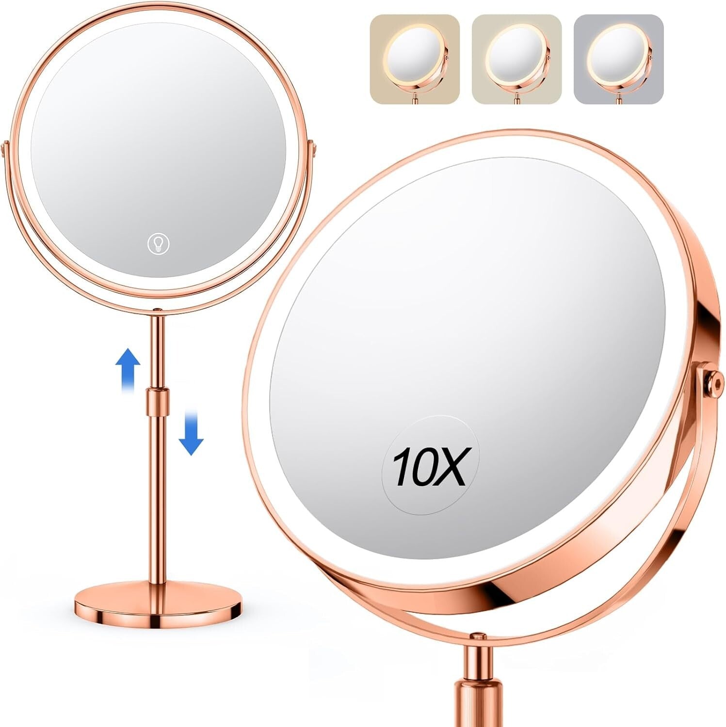 Elegant 8" Rose Gold Makeup Mirror - Rechargeable, 3 Light Modes & 360° Rotation