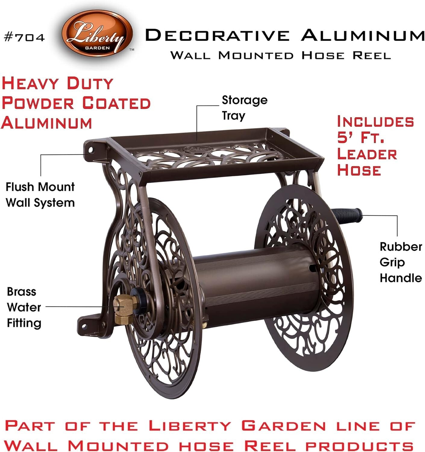 Elegant Bronze Cast Aluminum Wall-Mounted Garden Hose Reel - 125 ft Capacity