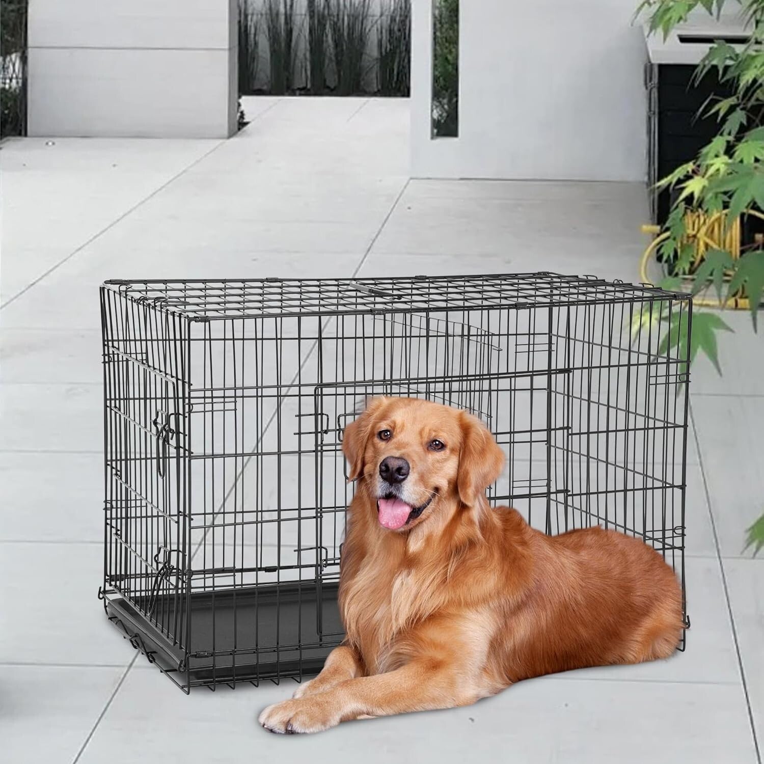 Durable 48-Inch Folding Dog Crate with Double Doors & Removable Tray for Pets