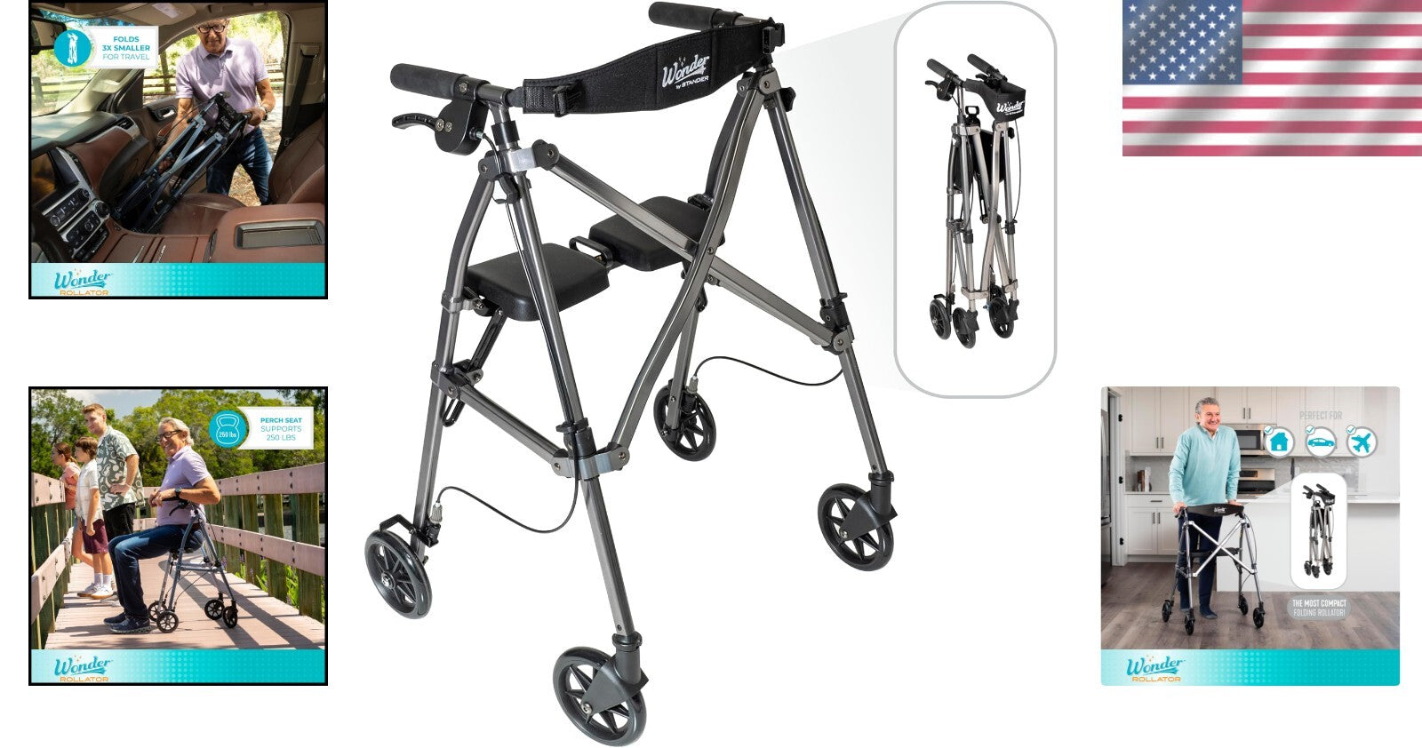 EZ Fold-N-Go Rollator: 14.5 lbs Folding Walker with Locking Brakes, Black Walnut