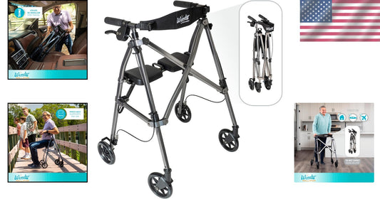 EZ Fold-N-Go Rollator: 14.5 lbs Folding Walker with Locking Brakes, Black Walnut