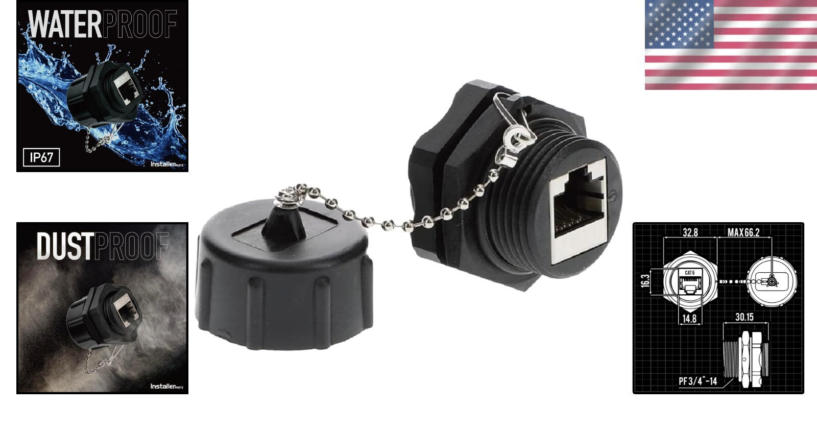 Durable RJ45 Cat6 Panel Mount Connector - Gold Plated, IP67 Waterproof Design